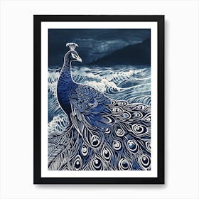 Peacock In The Waves Blue Linocut Inspired 1 Art Print