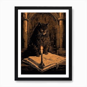 A Black Cat At The Desk With A Candle Sepia Etching Art Print