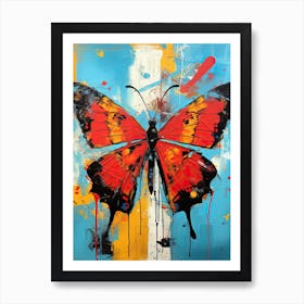 Red Butterfly on blue background in Basquiat's Style Art Print