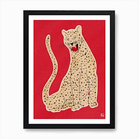 Leopard On Red Backgroound Animal Art Print