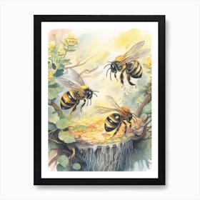 Bumble Bee Mimic Fly  Bee Beehive Watercolour Illustration 4 Art Print