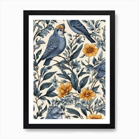 Blue Birds And Flowers Seamless Pattern Art Print