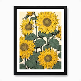 Himawari Sunflower Vintage Botanical Woodblock Art Print