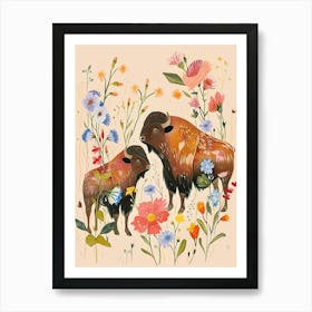 Folksy Floral Animal Drawing Bison 4 Art Print