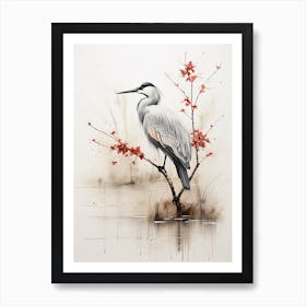 A Crane, Japanese Brush Painting, Ukiyo E, Minimal 3 Art Print