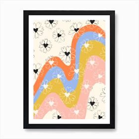 Heart Flowers On Retro Waves Art Print