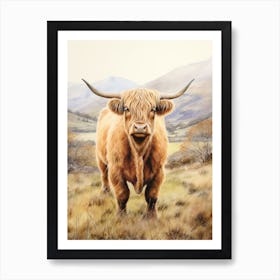 Highland Cow With Rolling Hills Watercolour 3 Art Print