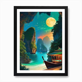 Kho Phi Phi Island Thailand ~ The Beach Backpacker Travel Adventure Full Moon Party Wall Decor Futuristic Sci-Fi Trippy Surrealism Modern Digital Mandala Awakening Fractals Spiritual Artwork Psychedelic Colorful Cubic Abstract Universe Art Print