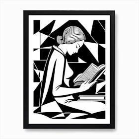 Reading A Book Linocut Black And White Painting, 318 Art Print