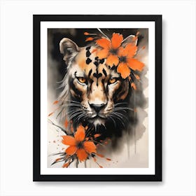 Panther Abstract Orange Flowers Painting (16) Art Print