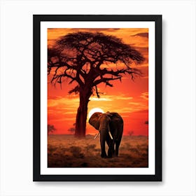 African Elephant Sunset Painting 1 Art Print