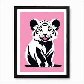 Playful tiger cub On Solid pink Background, modern animal art, baby tiger Art Print