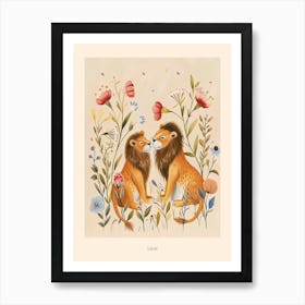 Folksy Floral Animal Drawing Lion 3 Poster Art Print