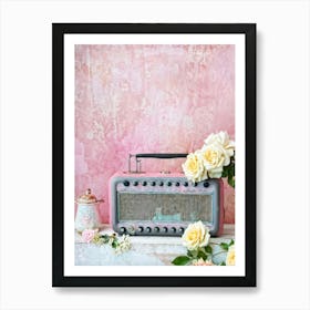 Vintage Pink And Grey Portable Radio Adorned With Flowers Immersed In A Soft Pastel Color Palette O Art Print