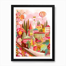 Italian Village With Cat On Wall Art Print