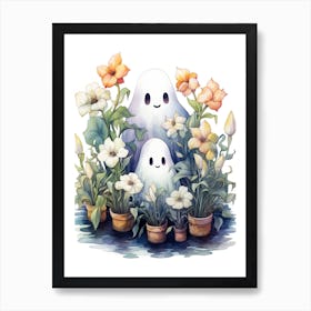 Cute Bedsheet Ghost, Botanical Halloween Watercolour 7 Art Print