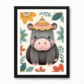 Floral Baby Hippo Nursery Illustration (7) Art Print