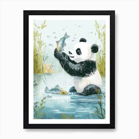 Giant Panda Catching Fish In A Tranquil Lake Storybook Illustration 2 Art Print