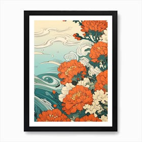 Great Wave With Marigold Flower Drawing In The Style Of Ukiyo E 1 Art Print