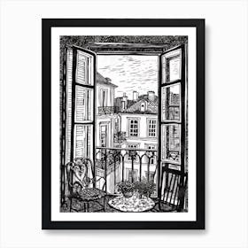 Window View Of Lisbon Portugal   Black And White Colouring Pages Line Art 3 Art Print