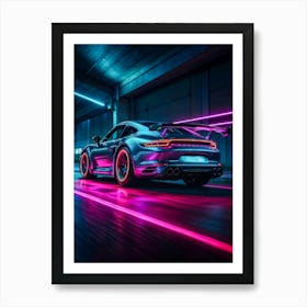 Full speed Porsche 911, neon-lit at night. A turbocharged sports car with cyberpunk aesthetics and luxury racing design. Art Print
