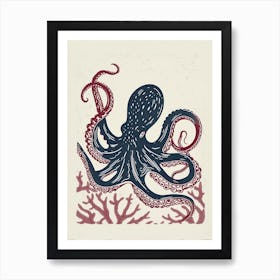 Linocut Inspired Navy Red Octopus With Coral 2 Art Print