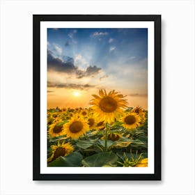 Sunset With Beautiful Sunflowers Art Print