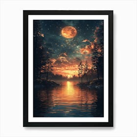 Full Moon Over The Lake Art Print