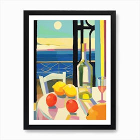 Painting Of A Lemons And Wine, Frenchch Riviera View, Checkered Cloth, Matisse Style 6 Art Print