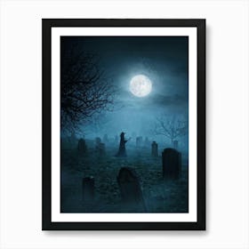 Witch Standing In Cemetery At Night Art Print