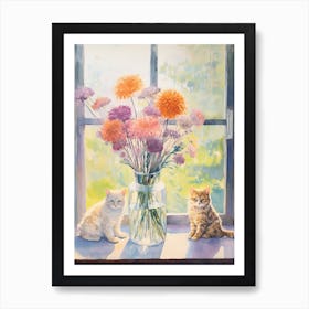 Cat With Queen Annes Flowers Watercolor Mothers Day Valentines 3 Art Print