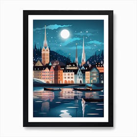 Winter Travel Night Illustration Zurich Switzerland 4 Art Print