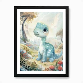 Blue Cute Dinosaur In The Meadow With Mushrooms Storybook Watercolour Painting Art Print