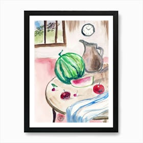 Watermelon Time - hand painted watercolor vertical kitchen still life art dining Art Print