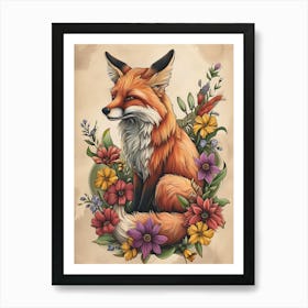 Amazing Red Fox With Flowers 17 Art Print