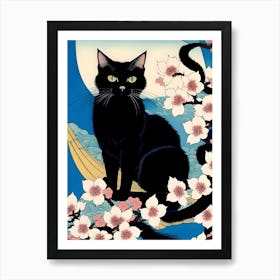 Black Cat With Cherry Blossoms Art Print