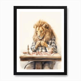 Playing Chess Watercolour Lion Art Painting 3 Art Print