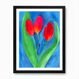 Three Tulips - floral flower red green blue watercolor Art Print