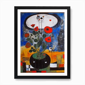 Lisianthus With A Cat 4 Surreal Joan Miro Style  Art Print