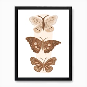 Three Butterflies Beige Boho Botanical Art Print