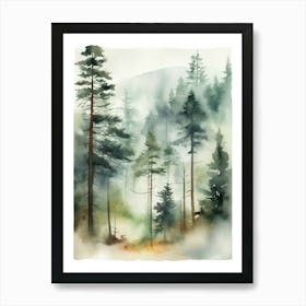 Appalachian Mountains of Misty Pines Watercolor Print of Evergreen Forest..125 Art Print