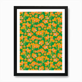 WILD ROSES Abstract Floral Summer Bright Rose Garden in Orange Yellow Blue Lime Green on Kelly Green Art Print