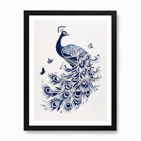 Cream & Navy Blue Peacock With Butterflies Linocut Inspired  2 Art Print