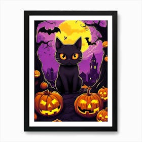 Halloween Cat With Pumpkins Art Print