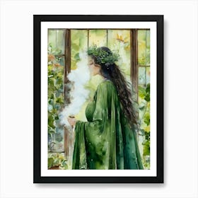 Communing With Plant Spirits ~ Shamanic Green Hedge Witch Nature Ally Smoking Witchy Ayahuasca DMT Datura Lotus Belladonna Trippy Watercolor Pagan Fairytale Gothic Artwork Painting Witchery HD Art Print