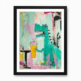 Dinosaur Drinking Coffee Pastel Pink Graffiti Brushstroke 2 Art Print