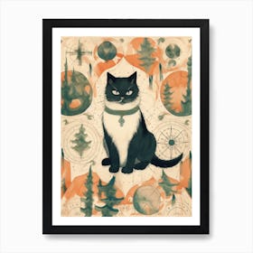 Royal Black Cat With Medieval Forest & Compass Art Print