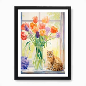 Cat With Tulip Flowers Watercolor Mothers Day Valentines 3 Art Print