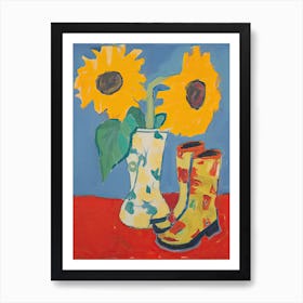 A Painting Of Cowboy Boots With Sunflower Flowers, Pop Art Style 2 Art Print