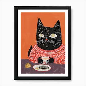 Black And Orange Cat Having Breakfast Folk Illustration 4 Art Print